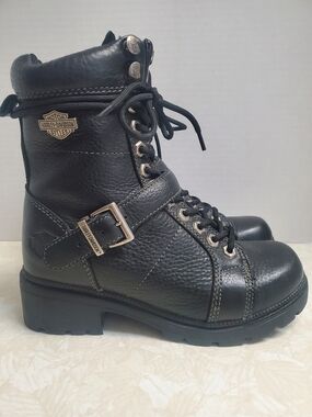 Harley-Davidson Teri Black Leather Lace-Up Buckle Combat Boots